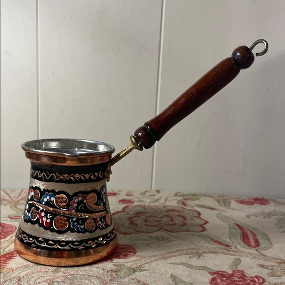 Turkish Handmade Multicolor Design Coffee Pot with Wood Handle